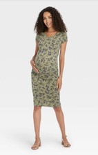Isabel XXL Maternity Dress Green Cotton Midi Ruched Sides Cap Sleeve T-Shirt 