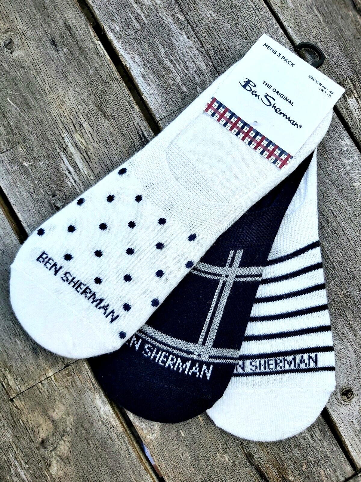 3 PAIRS : Genuine BEN SHERMAN LINERS Navy / White Trainer 7-11 40-45 shlf17