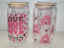 2 Pcs Valentines Day Personalize Custom Tumbler 160z Glass cups with straw. NEW 