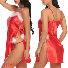 Women Sexy Christmas Satin Silk Lingerie Santa Babydoll Christmas Costume Nighty