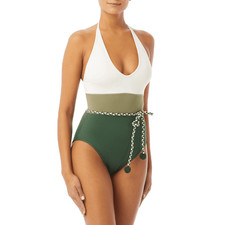VINCE CAMUTO Women's Halter Colorblock V Plunge One Pieve Swimsuit 4 Palm Green