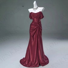 Burgundy Off-shoulder Sheath Evening Dresses Lace-up Small Tail Prom Dresses
