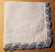 Vtg Antique Linen Hankie Blue White Crochet Lace 10 3/4" Square