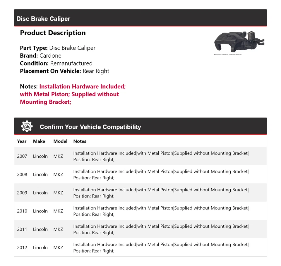 Pinza de freno de disco trasera derecha Cardone 2008 2009 2010 para Lincoln MKZ 2007-2012 Foto 2 de 4
