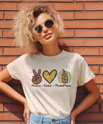 PEACE LOVE PUMPKIN Unisex Tee Shirt, Halloween TShirt, Leopard Print, Peace Hand