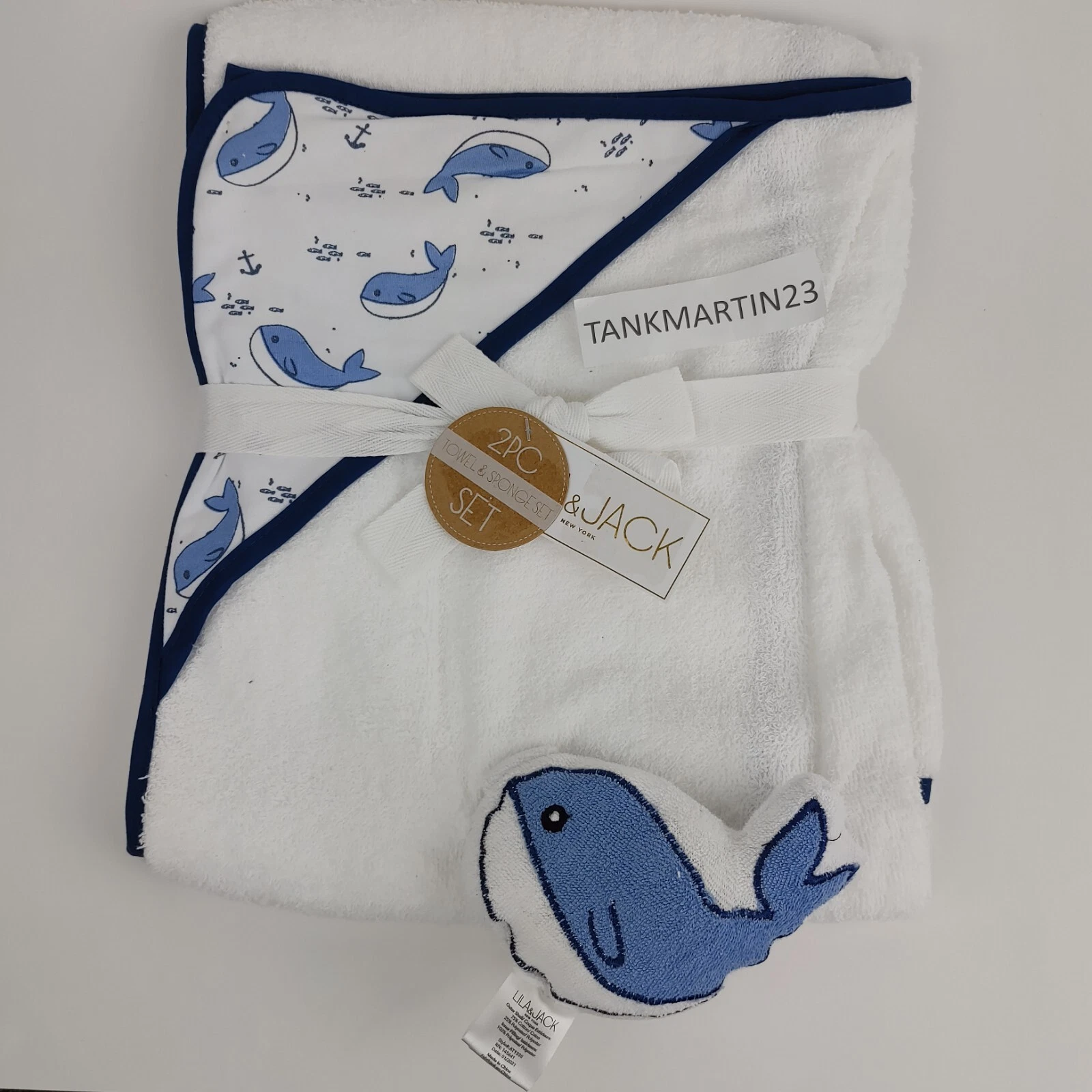 Lila & Jack Baby Unisex Hooded Terry Cloth Bath Towel White Blue Whales Sponge