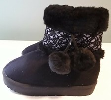 Girl's Faux Fur Fuzzy Ankle Boots Black ,Silver Glitter,Pom Pom's,Swiggles