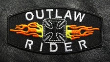 OUTLAW RIDER CHOPPER CROSS FLAMES IRON ON 3.5 INCH MC BIKER PATCH