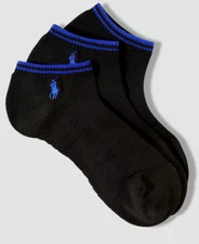 $21 Polo Ralph Lauren Men`s Black Pack 3-Pair Athletic Low Cut Socks Shoe 6-12