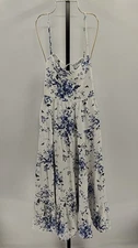 Lulus Mykonos Mood Ivory Floral Print Tie-Strap Tiered Midi Dress M