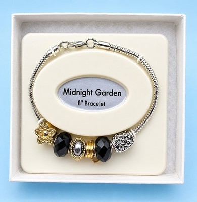 Midnight Garden 8'' Charm Bracelet Black Beads Silver Tone Gift Box -3404