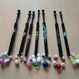 7 x Beautiful Black Ebony Lace Making Bobbins WOOD floral artwork inscribed #C4