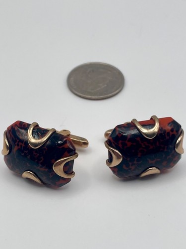 Vintage Hickok Gold Tone Tortoiseshell Glass Cufflinks Mid Cent. Red Black Claw