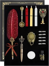 Quill Pen and Ink Set - Feather Calligraphy Dip Pen with Wax Seal Stamp Kit and 