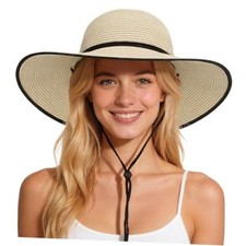 Sun Hats for Women, Wind Lanyard Wide Brim Straw Hat for Large Beige Black