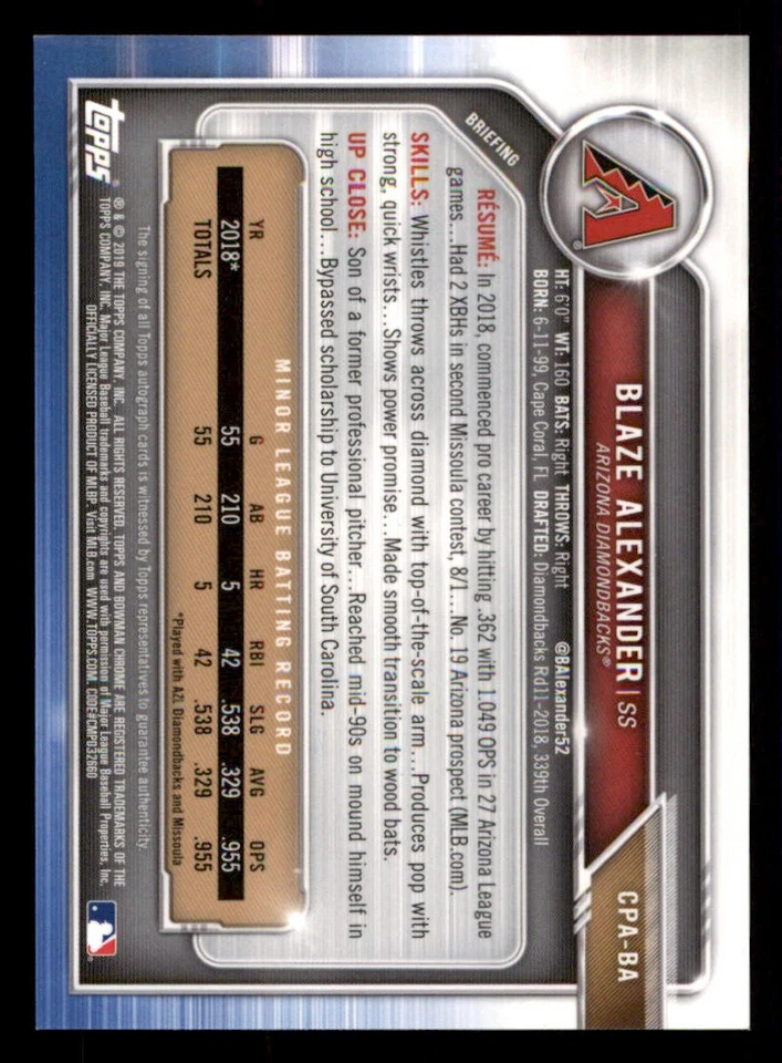 2019 Bowman Chrome Prospect AUTO #CPABA Blaze Alexander - Image 2 of 2