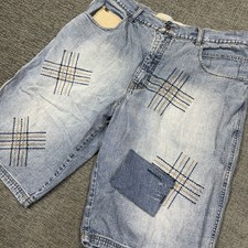 REAL Jean Shorts Mens 38 Blue Denim Baggy Y2K Embroidered Patchwork