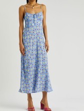 Rixo Laine Printed Crepe Sun Petal Blue Floral Slip Midi Dress - XXS/ Size 2