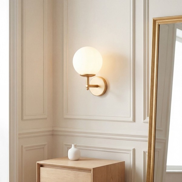 Wandleuchte Metall Glas 24 Cm Hoch In Gold Weiß Kugel Schirm E27 Wand Lampe-image