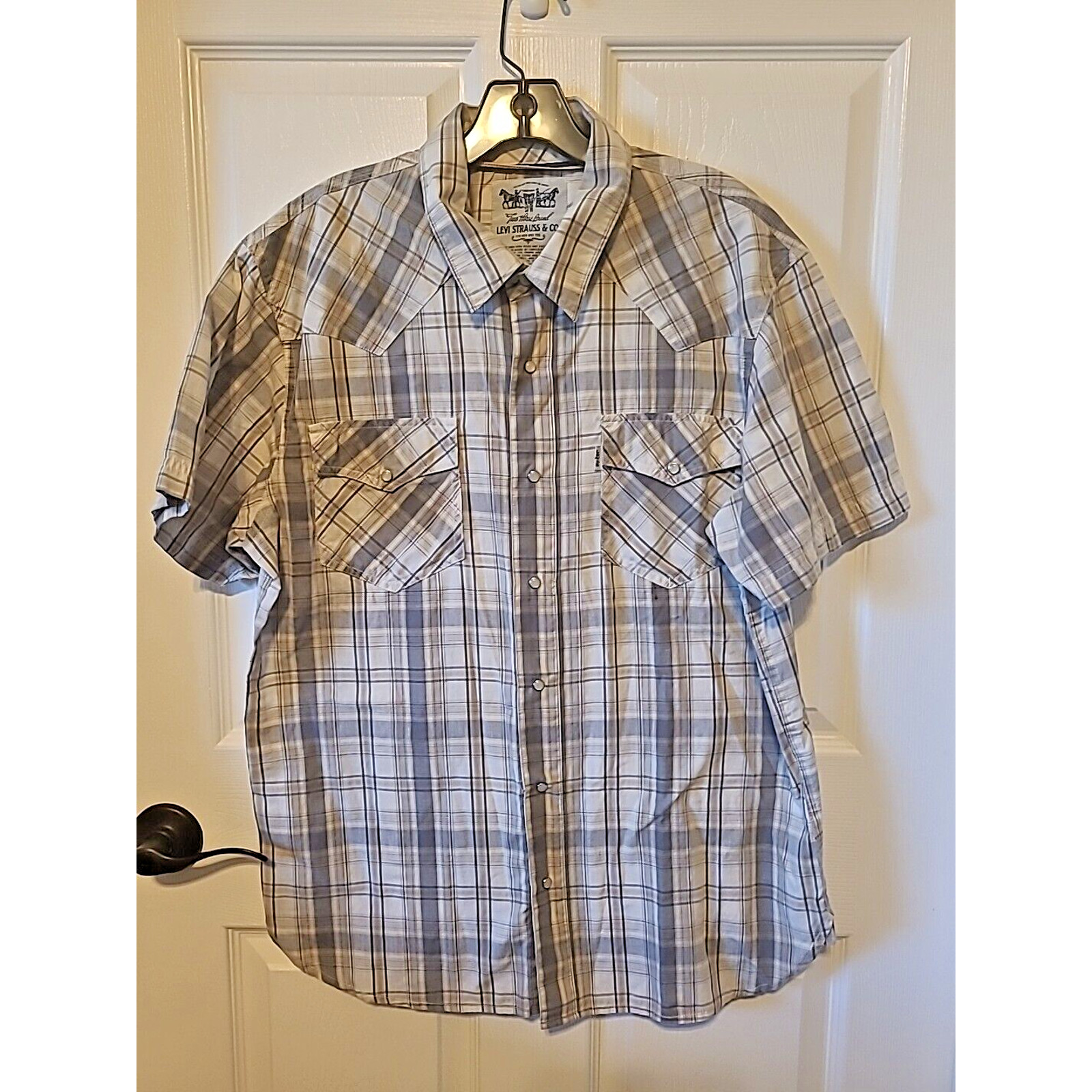 Levis Shirt Large Gray Plaid Pearl Snap Point Pocket Yoke Western Cowboy