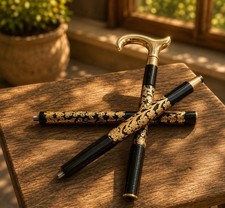 Style Wooden Walking Cane Brass Derby Handle Handcrafted Flower Inlay Stick
