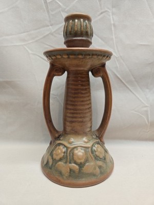 Antique VTG WELLER Pottery CLARMONT Claremont Matte Brown & Green CANDLESTICK