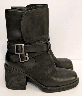 Kork-Ease Meegan Black Leather Belted Buckle Block Heel Boots Size 6.5 Midshaft