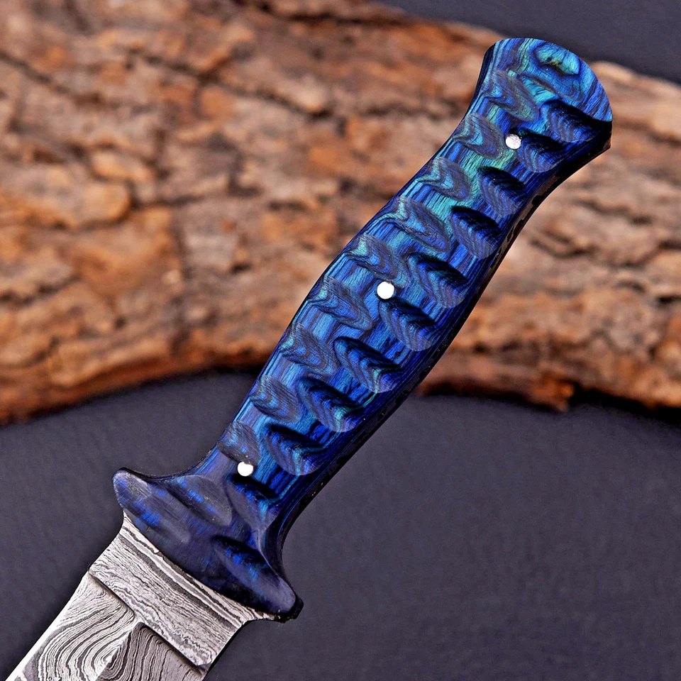 FACA BOTA DE CAÇA PUNHAL LÂMINA DE AÇO DAMASCO FORJADA À MÃO CABO DE MADEIRA - Imagem 4 de 4