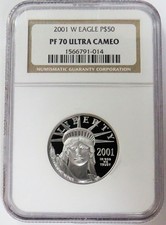 2001 W PLATINUM $50 AMERICAN EAGLE STATUE OF LIBERTY 1/2 OZ PROOF NGC PF 70 UC 4103.00 per troy oz