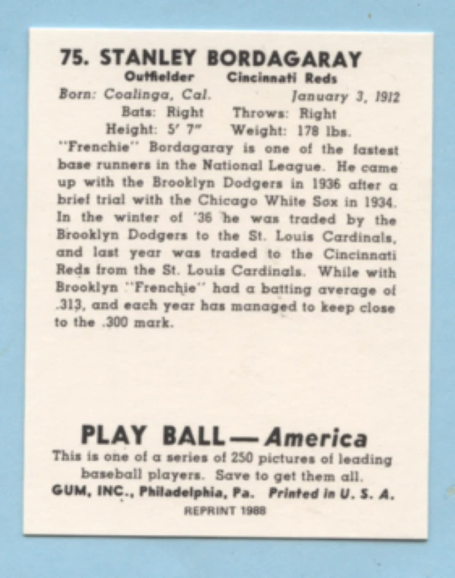1939 Playball Reprint # 75 Stanley Bordgaray -- Cincinnati Reds -- 741 - Image 2 of 2