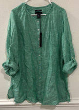 Tahari 100% Linen Button Up Blouse Womens 1X Green Lightweight NWT