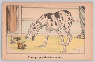 Comic Postcard Dog Cartoon Great Dane Tiny Terrier Caption Your Proposition Too