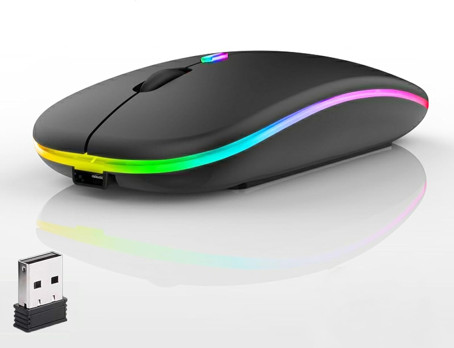 Slim Silent LED Wireless Mouse Dual-Mode 2.4G BT Rechargeable 7-Color Black