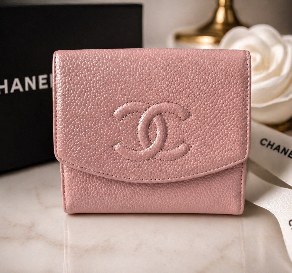 Authentic Chanel Pink Caviar Leather CC Logo Compact Wallet Card