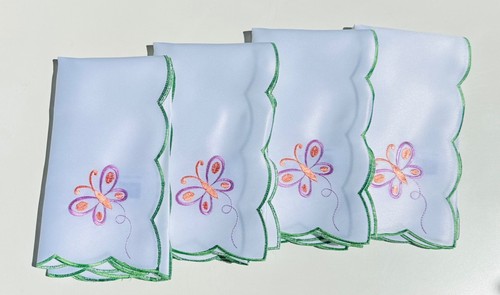 4-Piece White Butterfly Embroidery Green Cutout Edge Fabric Cloth Napkins - Picture 6 of 9