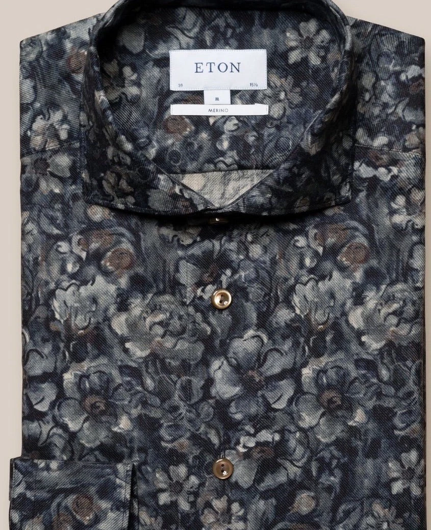 ETON Floral Twill 100% Merino Wool Shirt Italian Modern Collar Slim Fit