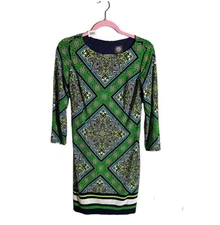 Vince Camuto Shift Mini Dress Womens Size 2 Green Navy Bandana Style Print 