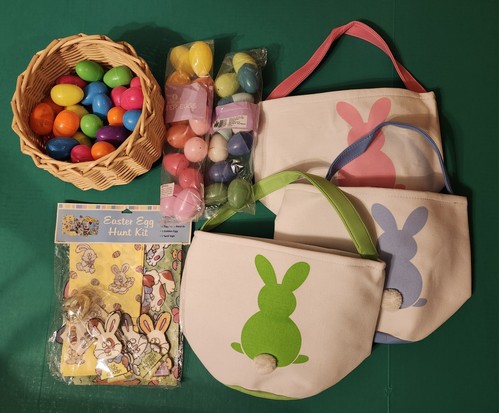 FREE 58 Pieces Easter Egg Hunt Kit 3 Totes 30 Filled eggs 24 eggs Complete New - Picture 1 of 14