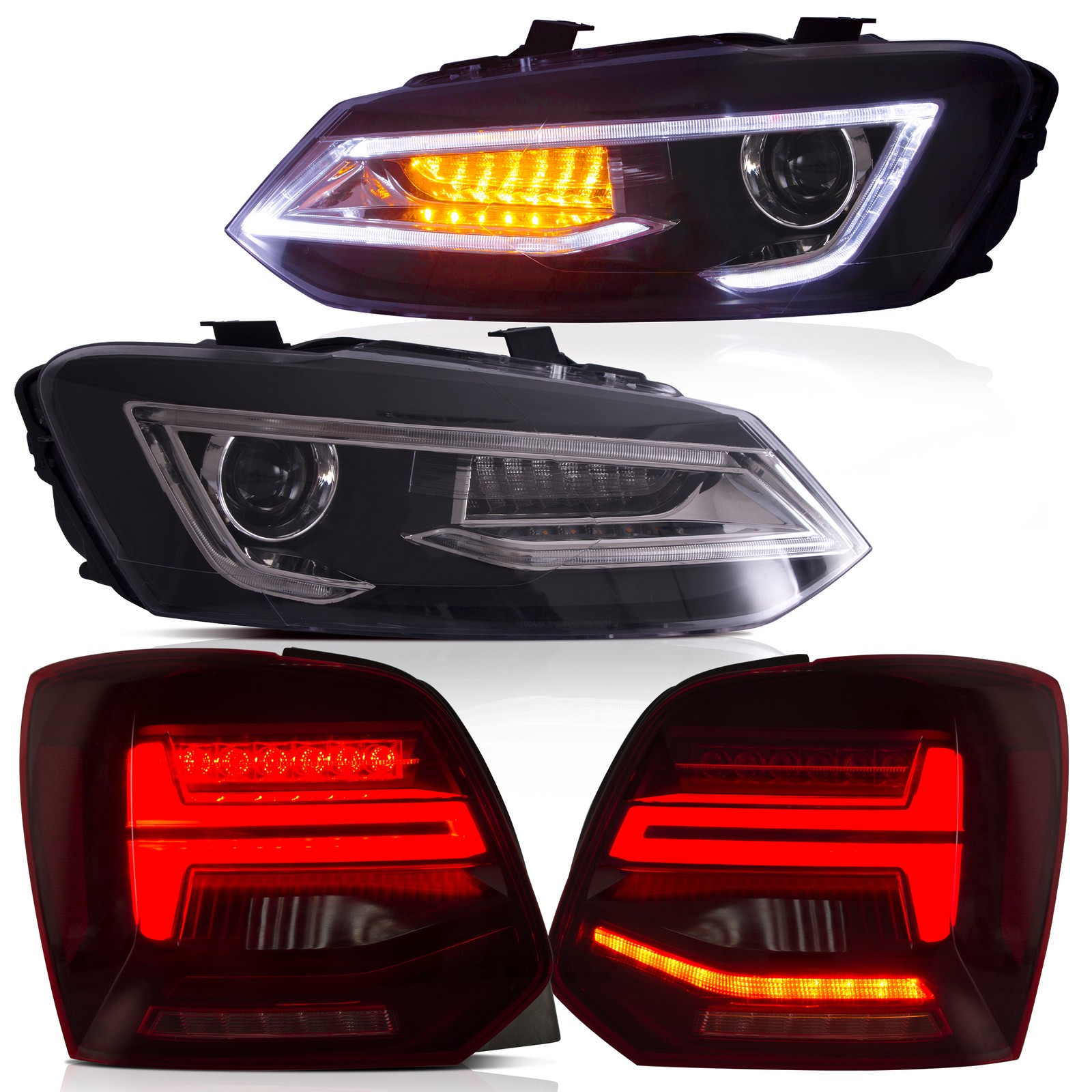 VLAND LED Headlights+LED Red Tail Lights For VW Polo MK5 2011-2017 W/Sequential