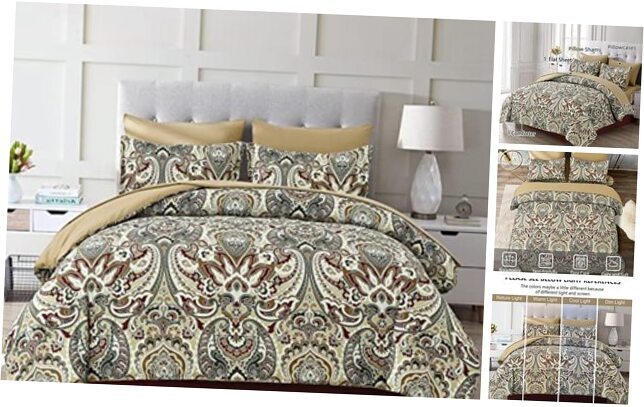Boho Comforter Set 7 Pieces Bed in a Bag Comforter Boho Paisley Queen Khaki