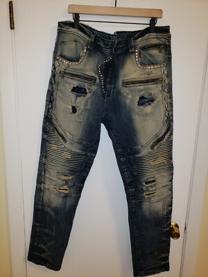 Elite Premium Denim Men's Blue Stone Washed Distressed Ribbed