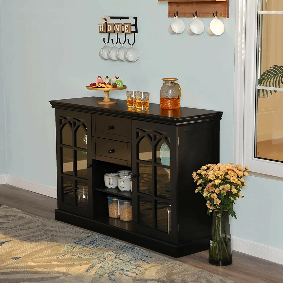 Sideboard Buffet Storage Cabinet with 2 Glass Doors Modern Farmhouse Entryway - Image 3 of 4