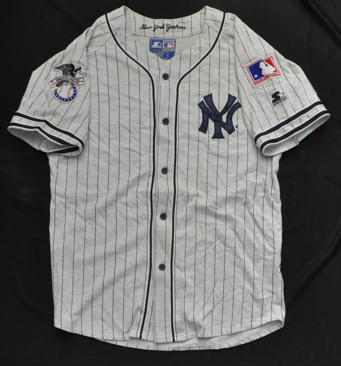 NEW YORK YANKEES STARTER CURSIVE VINTAGE GRAY PIN STRIPE NY JERSEY MEN SEWN  L