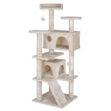 55" Cat Tree for Indoor Cats w/ Toys Cat Climbing Tower Kitten Play Light Beige