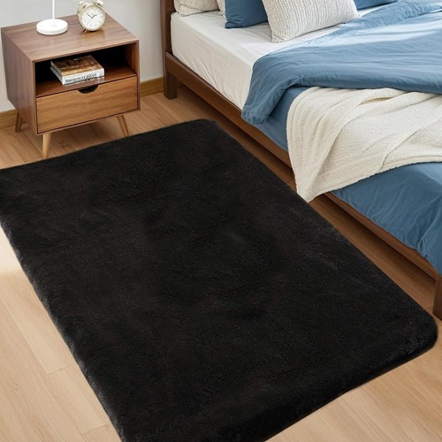 Alfombra de área de conejo de piel sintética suave mullida negra alfombra lavable alfombra peluda difusa de lujo - Imagen 14 de 22