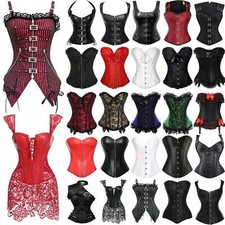 Women Overbust Boned Corset Burlesque Basque Top Lace Up Costume Size 6-24+Thong