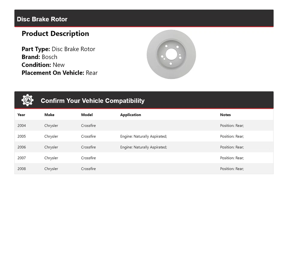 Rotor de freno de disco trasero para Chrysler Crossfire Bosch QuietCast 2004-2008 2005 2006 Foto 2 de 4