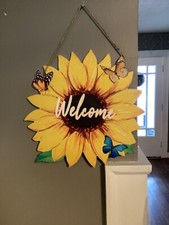 NEW 12 in Sunflower Wooden Welcome Hanging Sign