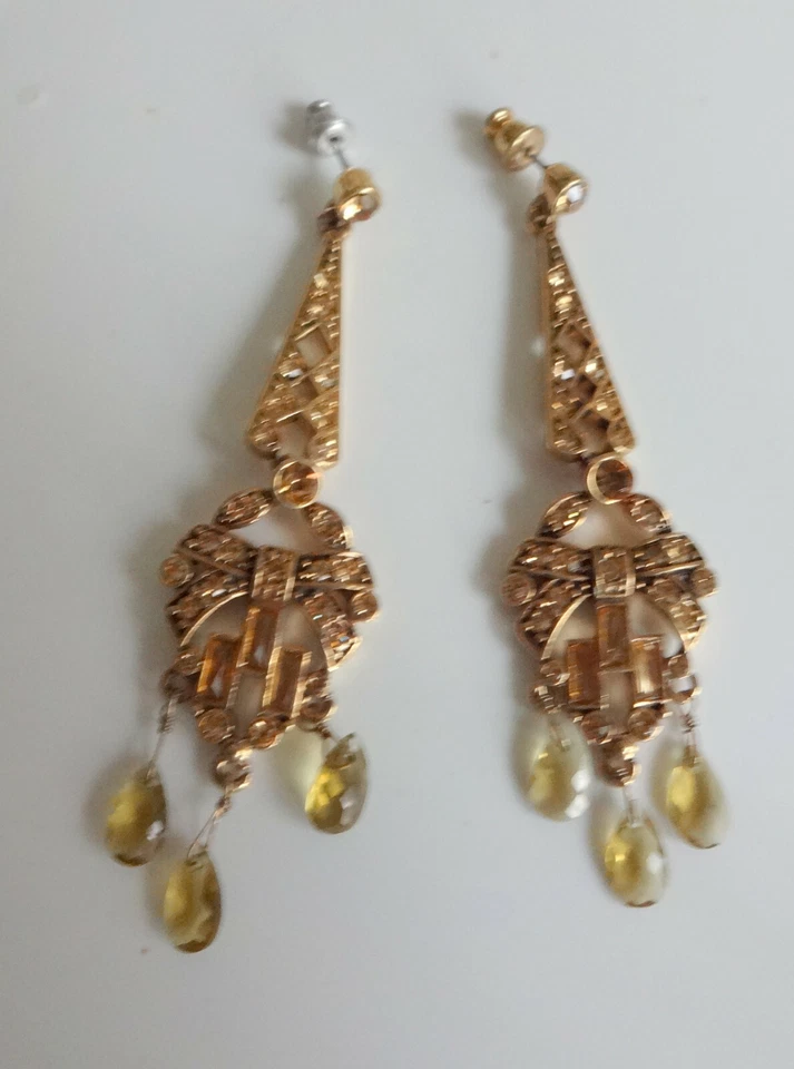 Pendientes colgantes vintage con sello Monet elegantes color ámbar estrás de vidrio tono dorado Foto 4 de 4