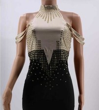 Women Off Shoulder Hot Drilling Patchwork Fur Hem Stand Neck Bodycon Knee Dress 